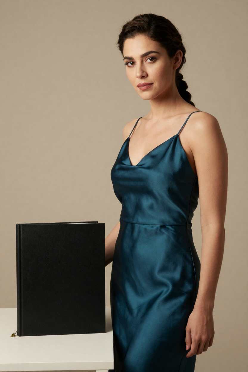 Fictional 27-year-old woman with a mature, self-possessed face, dark-brown hair in a low side braid over